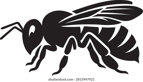Simple black silhouette illustration of a bee, depicting an essential pollinator and insect. Ideal for nature, ecology, and wildlife themes.