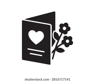A simple black silhouette illustration of a greeting card decorated with flowers and a heart shape, perfect for sister's day or any heartfelt occasion. The distinctive silhouette style provides a clean and modern aesthetic.