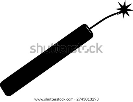 Simple black silhouette illustration of a lit stick of dynamite with a burning fuse and spark on a white background.