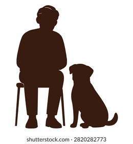A simple black silhouette illustration of a man sitting on a chair next to his loyal pet dog, representing friendship, companionship, and pet care.