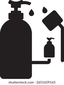 A simple black silhouette illustration shows a large pump bottle dispensing liquid, alongside a smaller pump bottle and a wall-mounted dispenser.
