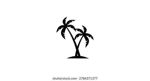 A simple black silhouette illustration of two tropical palm trees standing on a small island, set against a clean white background.