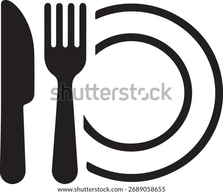 Simple black silhouette of a knife, fork, and two plates, representing dining or a meal.