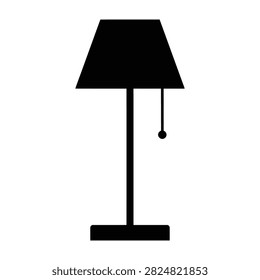 Simple black silhouette of a lamp with a pull chain and rectangular base on a white background, icon or symbol