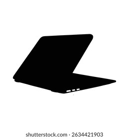 A simple, black silhouette of a laptop computer, slightly angled, showcasing a distinctive minimalist style.