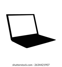 A simple, black silhouette of a laptop computer in a slightly angled perspective. The distinctive feature is its solid, minimalist silhouette style.