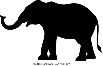 Simple black silhouette of a large african elephant on a plain white background