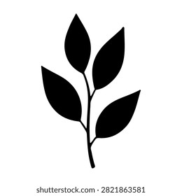 Simple black silhouette of a leaf branch, ideal for nature-themed projects, logos, or decorative elements emphasizing organic and natural motifs.