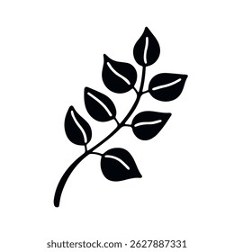 Simple black silhouette of leaf in minimal doodle style isolated on clean white background, perfect for botanical illustrations and modern graphic projects