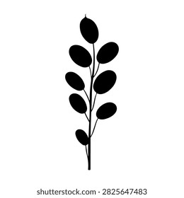 Simple black silhouette of a leafy branch with oval leaves, isolated on a plain background, emphasizing natural shape and form.