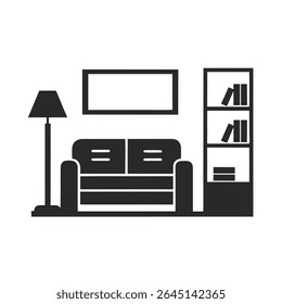 Simple Black Silhouette Living Room Interior Design Sofa Lamp Bookshelf Picture Frame Home Decor