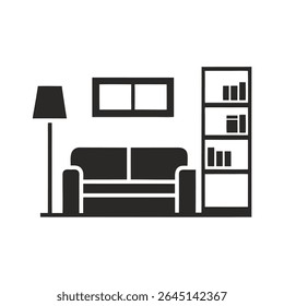 Simple Black Silhouette of Living Room Interior with Sofa Floor Lamp Bookshelf and Pictures on White Background