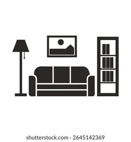 Simple Black Silhouette of Living Room Interior Design Sofa Lamp Picture Bookshelf on White Background