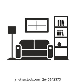 Simple Black Silhouette of Living Room Furniture on White Background Sofa Bookshelf Lamp