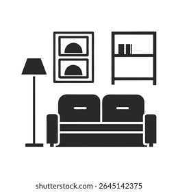 Simple Black Silhouette of Living Room Furniture Set including Sofa Floor Lamp and Bookshelf on White Background