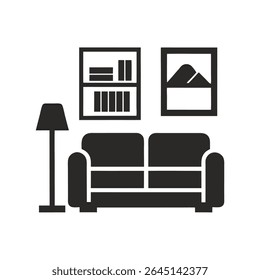 Simple Black Silhouette of Living Room Furniture with Sofa Bookshelf and Floor Lamp on White Background