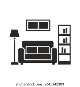Simple Black Silhouette of Living Room Furniture Sofa Floor Lamp and Bookshelf on White Background