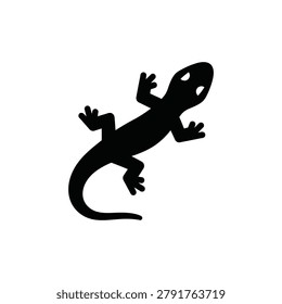 Simple black silhouette of a lizard, isolated on a white background, featuring a stylized reptile shape with visible claws and a long tail for use in nature, biology, or wildlife projects