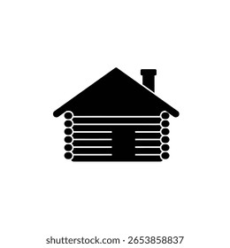 Uma silhueta preta simples de uma cabine de madeira com um telhado arremessado e chaminé contra um fundo branco A imagem é um ícone gráfico minimalista