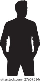 A simple black silhouette of a man in casual attire, standing confidently with hands in pockets. Ideal for business and lifestyle concepts.