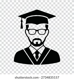 Eine einfache schwarze Silhouette eines Mannes mit Brille, Abschlusskappe und Kleid, die akademische Leistung symbolisiert