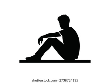 A simple black silhouette of a man sitting on the ground in a relaxed pose against a white background