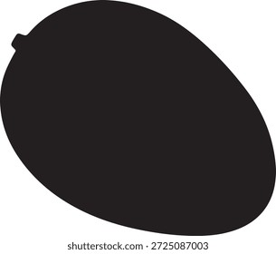 Silhueta preta simples de uma fruta de manga, isolada sobre um fundo branco. A forma é lisa e oval, com um pequeno caule visível na parte superior esquerda.