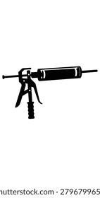 A simple black silhouette of a manual grease gun, isolated on a clean white background. Ideal for industrial, mechanical, or maintenance related concepts.