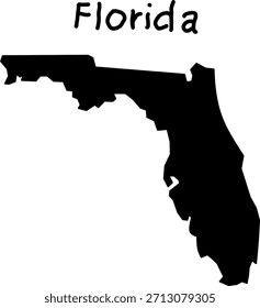 Mapa de silueta negro simple del estado de Florida contra un fondo blanco limpio, con la palabra "Florida" dibujada a mano arriba. Perfecto para uso educativo, de viajes o de Diseño gráfico.