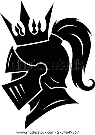 A simple black silhouette of a medieval knight's helmet. The helm is adorned with a royal crown and features a flowing plume at the back, isolated on a white background.