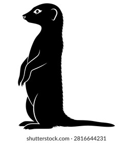 A simple black silhouette of a meerkat standing in a watchful pose, isolated on a white background.