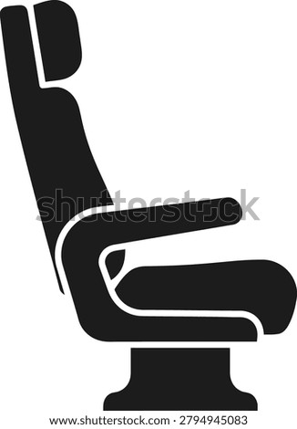 Simple black silhouette of a modern car or airplane seat with headrest, ideal for transportation, automotive, or travel-related graphics.