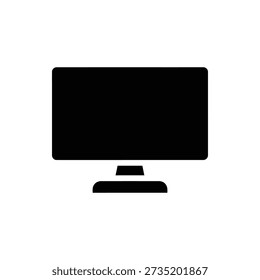 Simple black silhouette of a modern flat-screen computer monitor on a stand against a white background.