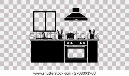 Simple black silhouette of a modern kitchen counter with a sink, stove, oven, and range hood on a transparent background.
