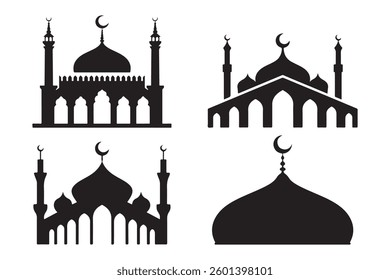 Simple Black Silhouette Mosques and Domes Set A collection of five simple, black silhouette designs of mosques and domes.