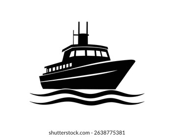 A simple, black silhouette of a motorboat on waves. Perfect for nautical themes, travel brochures, or transportation icons. Clean and modern design.
