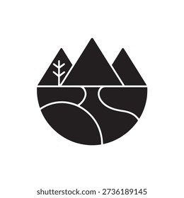 Simple black silhouette of mountains and tree on hill landscape icon