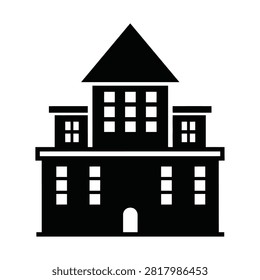A simple black silhouette of a multi-story building featuring a prominent pointed roof and numerous windows, resembling an iconic representation of a house or institutional structure.