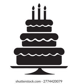 A simple black silhouette of a multi-tiered birthday cake with lit candles on top, ideal for celebrations, parties, and festive designs.