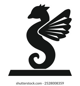 Simple black silhouette of a mythical hippocampus standing on a pedestal, an elegant design element