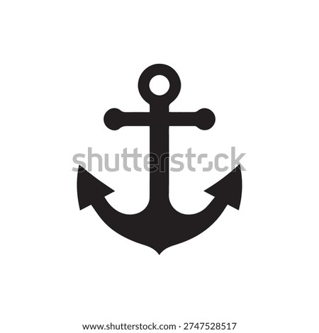 A simple black silhouette of a nautical anchor on a white background. This clean vector icon represents stability, the sea, and maritime themes.