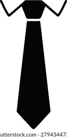 A simple black silhouette of a necktie and collar, representing formal business attire.
