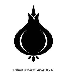 Simple black silhouette of onion bulb with sprout and roots on white background