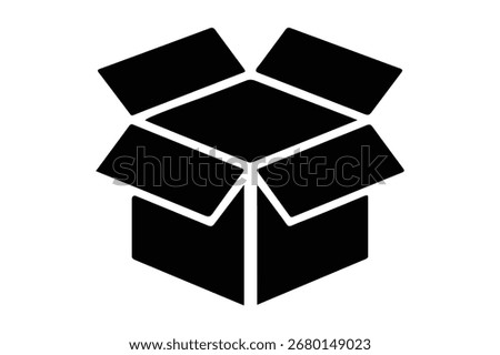 A simple black silhouette of an open cardboard box with its flaps spread wide.