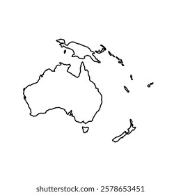 A simple black silhouette outlines the map of Australia and Oceania. The design focuses on the continental features without any additional details, making it visually striking.