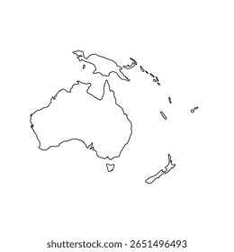 Uma simples silhueta preta delineia o mapa da Austrália e Oceania. O design se concentra nas características continentais sem nenhum detalhe adicional, tornando-o visualmente impressionante.