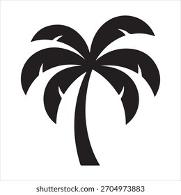 Simple black silhouette of a palm tree with stylized leaves. Isolated on white background. Tropical, summer, and vacation concept.