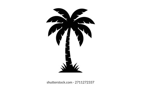 A simple black silhouette of a palm tree with its distinctive fronds and textured trunk.