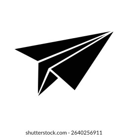 A simple, black silhouette of a paper airplane in flight, depicted against a white background.  The design is clean and minimalist.