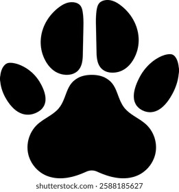 Simple black silhouette of a paw print, highlighting the distinct shapes of the claws and paw pad against a clean white backdrop, creating a bold and recognizable symbol of animal presence